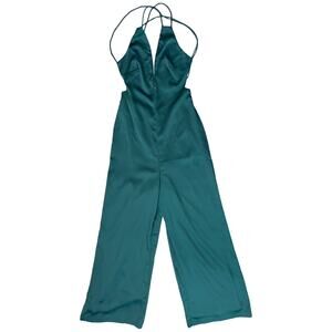 Lulus Hold That Pose Emerald Green Strappy Glam Satin Jumpsuit size XS NEW Tags